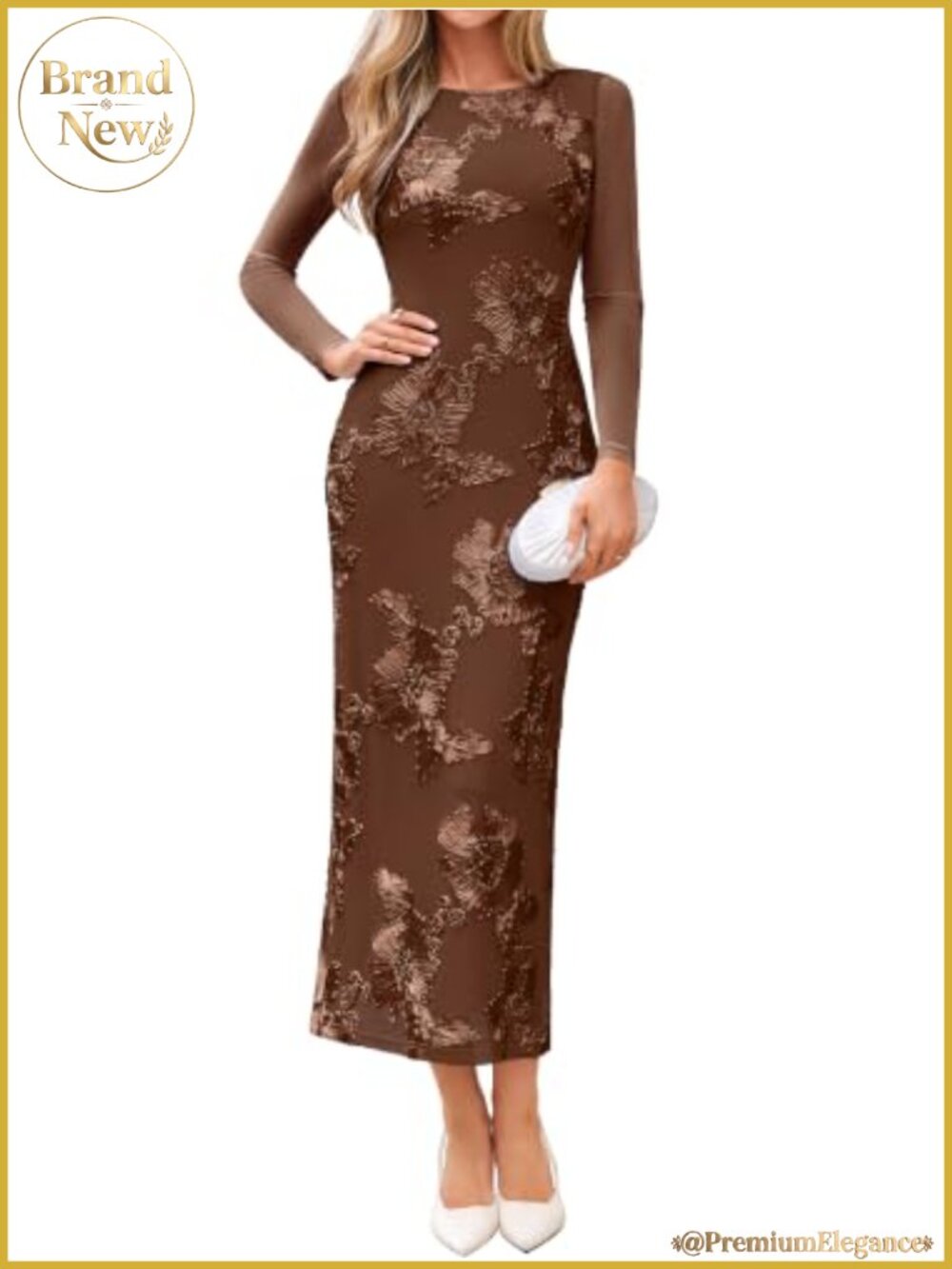 Women's Mesh Tulle Maxi Dress Long Sleeve Bodycon Floral Embroidery